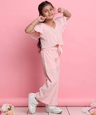 Girls' light peach co-ord set     flared sleeve front-knot top & wide-leg pants 3