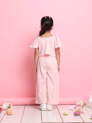 Girls' light peach co-ord set     flared sleeve front-knot top & wide-leg pants 4