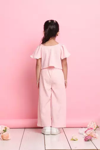Girls' light peach co-ord set     flared sleeve front-knot top & wide-leg pants