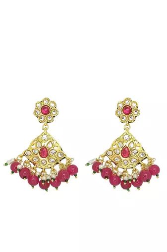 Antique gold-plated maroon & white beaded kundan necklace set