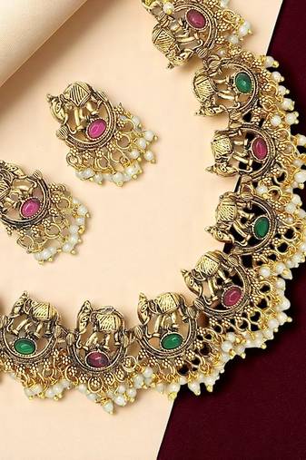 Gold plated elephant motifs necklace set