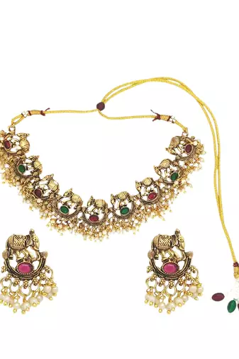 Gold plated elephant motifs necklace set
