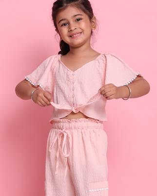 Girls' light peach co-ord set     front-knot top & relaxed fit trousers 1