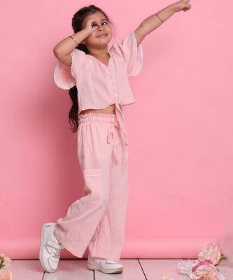 Girls' light peach co-ord set     front-knot top & relaxed fit trousers 2