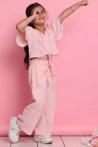Girls' light peach co-ord set     front-knot top & relaxed fit trousers