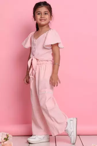Girls' light peach co-ord set     front-knot top & relaxed fit trousers