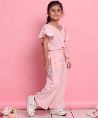 Girls' light peach co-ord set     front-knot top & relaxed fit trousers 4