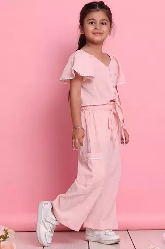Girls' light peach co-ord set     front-knot top & relaxed fit trousers