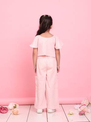 Girls' light peach co-ord set     front-knot top & relaxed fit trousers 5