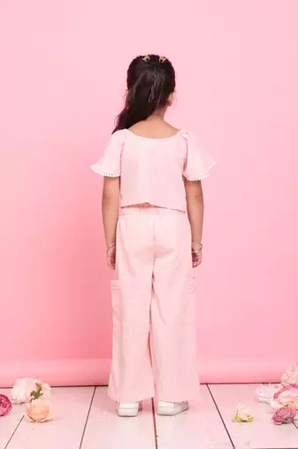 Girls' light peach co-ord set     front-knot top & relaxed fit trousers