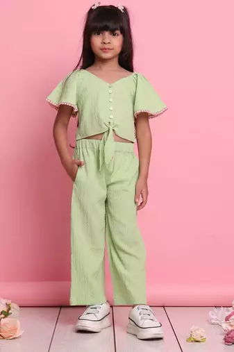 Girls' stylish green co-ord set     flared sleeve top & wide-leg pants