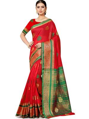 Red silk blend banarasi zari paisley saree with blouse piece 1