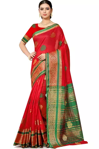 Red silk blend banarasi zari paisley saree with blouse piece