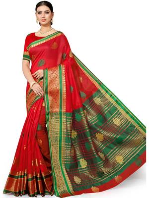Red silk blend banarasi zari paisley saree with blouse piece 2