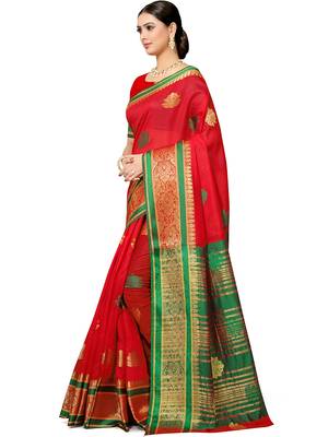 Red silk blend banarasi zari paisley saree with blouse piece 3