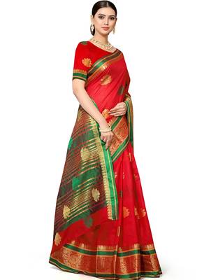 Red silk blend banarasi zari paisley saree with blouse piece 4