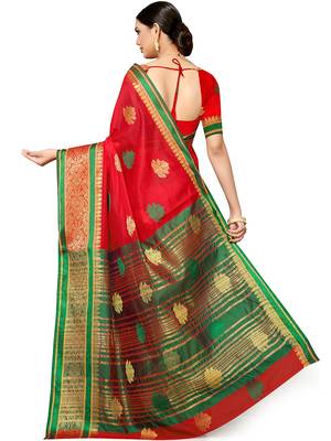 Red silk blend banarasi zari paisley saree with blouse piece 5
