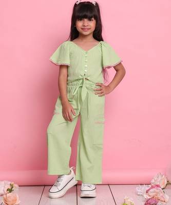 Girls' green co-ord set     front-knot button top with relaxed fit trousers 1