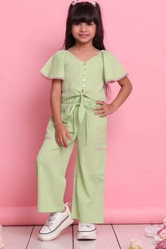Girls' green co-ord set     front-knot button top with relaxed fit trousers
