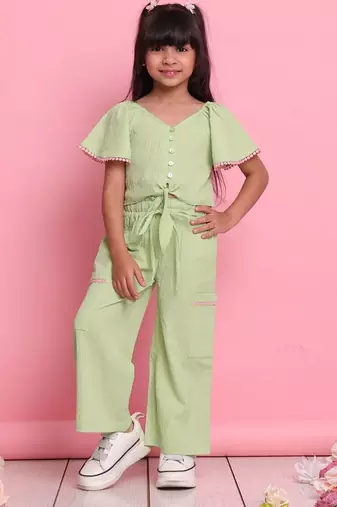 Girls' green co-ord set     front-knot button top with relaxed fit trousers