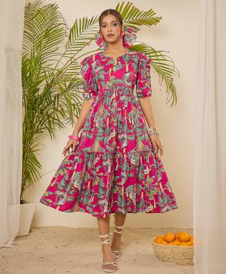 cotton tropical print calf length tiered dress 1
