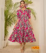 cotton tropical print calf length tiered dress