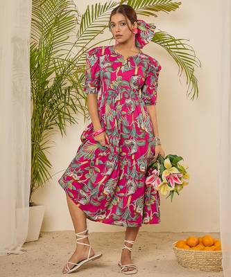 cotton tropical print calf length tiered dress 2