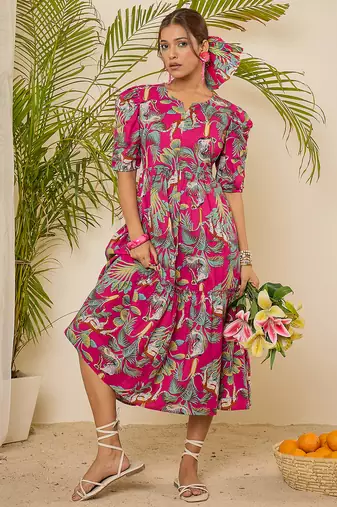 cotton tropical print calf length tiered dress