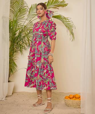cotton tropical print calf length tiered dress 3
