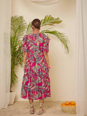 cotton tropical print calf length tiered dress 4