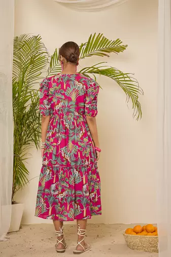 cotton tropical print calf length tiered dress