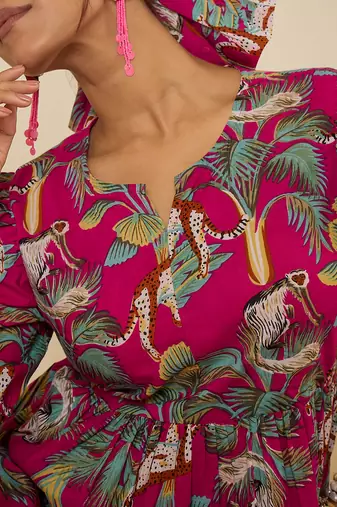 cotton tropical print calf length tiered dress