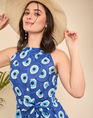 blue evil eye printed halter neck cotton  dress 4
