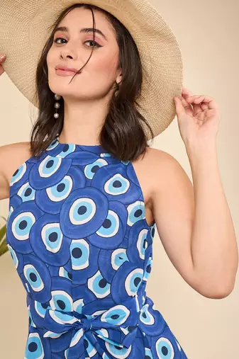 blue evil eye printed halter neck cotton  dress