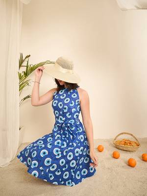 blue evil eye printed halter neck cotton  dress 5