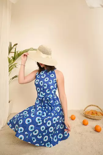 blue evil eye printed halter neck cotton  dress