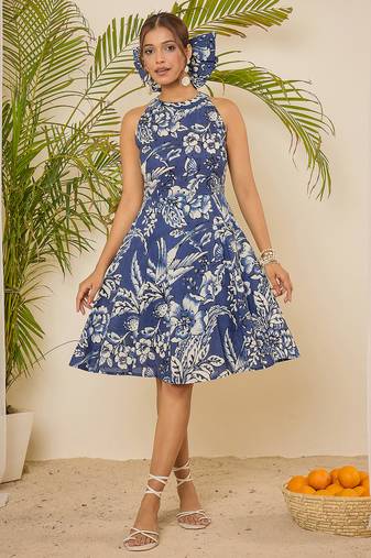 navy blue floral print halter neck cotton dress