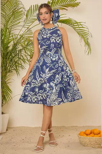 navy blue floral print halter neck cotton dress