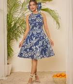 navy blue floral print halter neck cotton dress