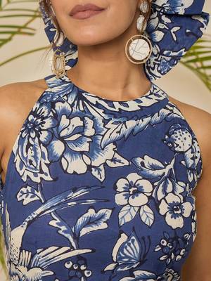 navy blue floral print halter neck cotton dress 5