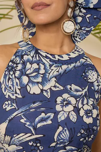 navy blue floral print halter neck cotton dress