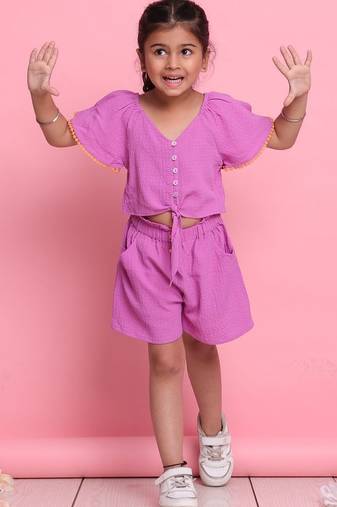 Girls' trendy lilac co-ord set     front-knot top & high-waist shorts