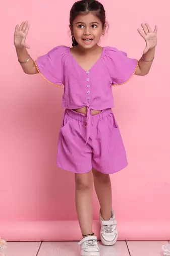 Girls' trendy lilac co-ord set     front-knot top & high-waist shorts