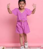 Girls' trendy lilac co-ord set     front-knot top & high-waist shorts