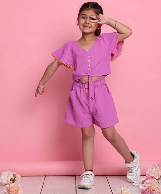 Girls' trendy lilac co-ord set     front-knot top & high-waist shorts 2