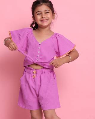 Girls' trendy lilac co-ord set     front-knot top & high-waist shorts 5