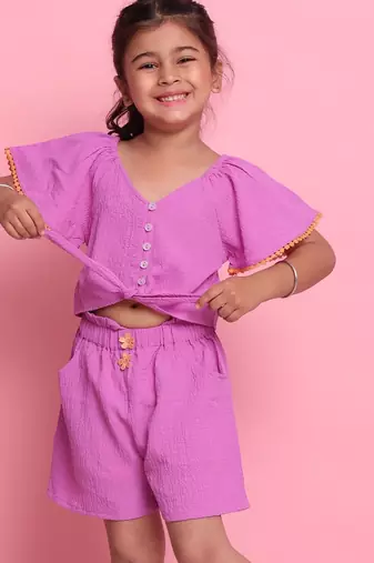 Girls' trendy lilac co-ord set     front-knot top & high-waist shorts