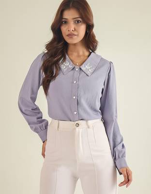 Lavender collared shirt with contrast embriodery 1