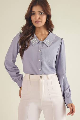 Lavender collared shirt with contrast embriodery