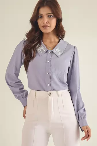 Lavender collared shirt with contrast embriodery